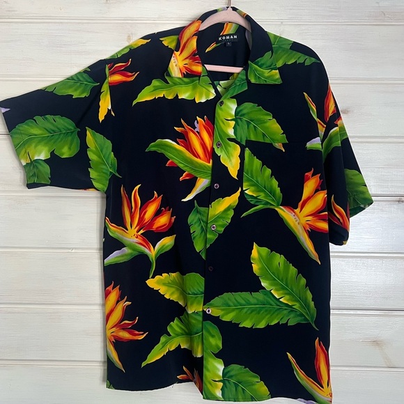 Koman Hawaiian Shirt Casual Button Down Navy Blue/Green Size Large - Picture 1 of 6